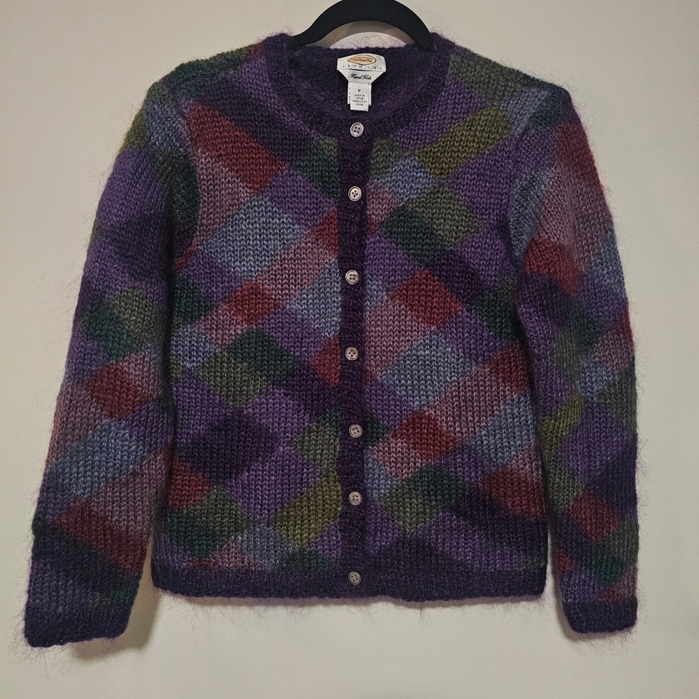 VTG Talbots Cardigan Sweater Medium Petite Purple Argyle Hand Knit Mohair Fuzzy